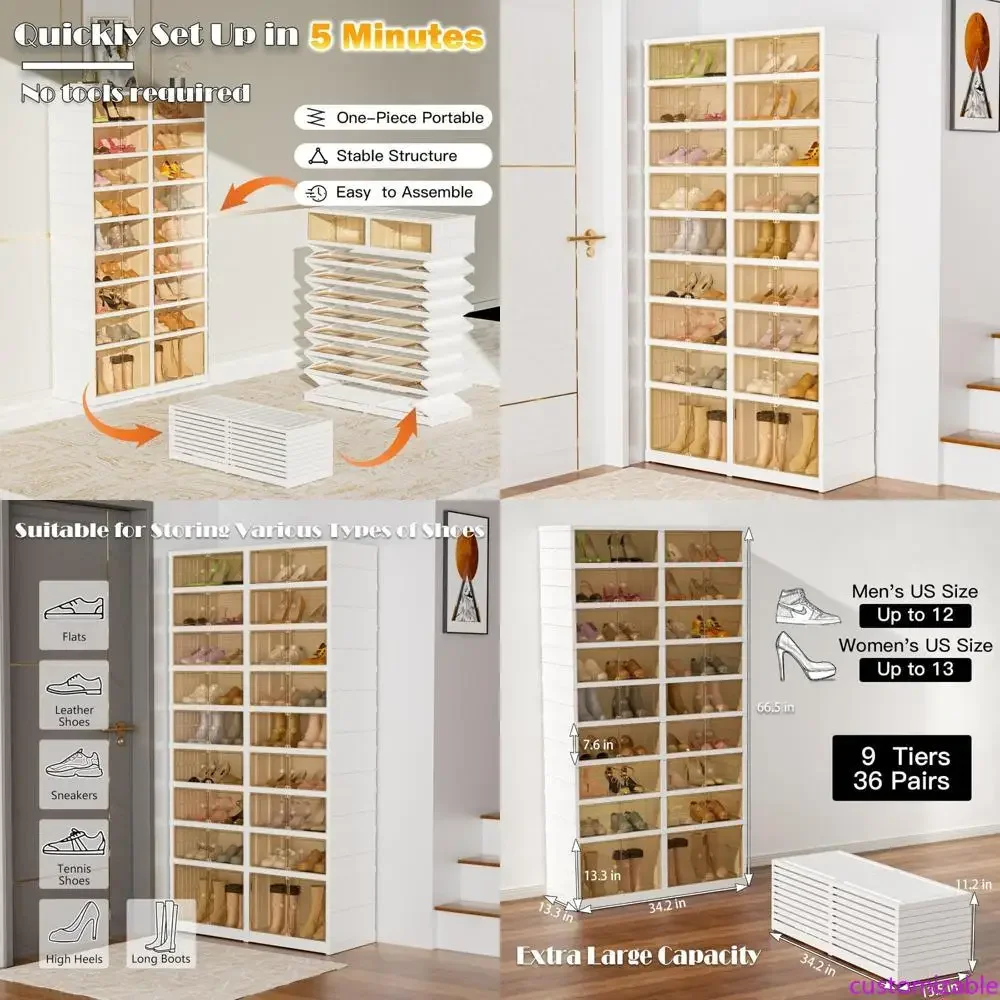 

Portable 9-Tier Shoe Rack Organizer for Closet, 36-Pair Clear Plastic Shoe Storage Container, Collapsible Shoe Box