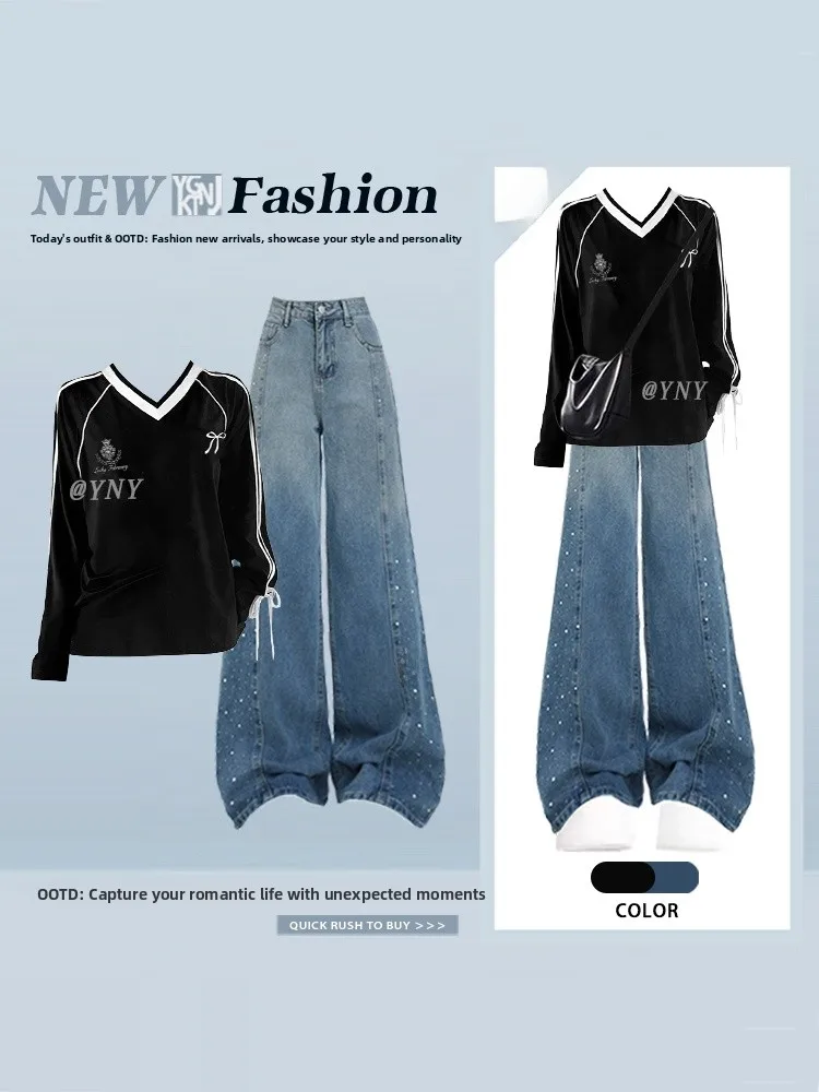 

Casual Sle Color Blo V Ne Long Sve Top And Jeans Women's Spring Faion Anti Aging High Waist Long Pants Double Set