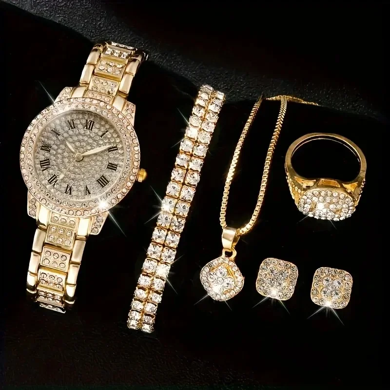 Glamorous 6pcs/set Womens Luxury Rhinestone Quartz Watch with Rome Numerals - Stylish Analog Wrist Jewelry Set,