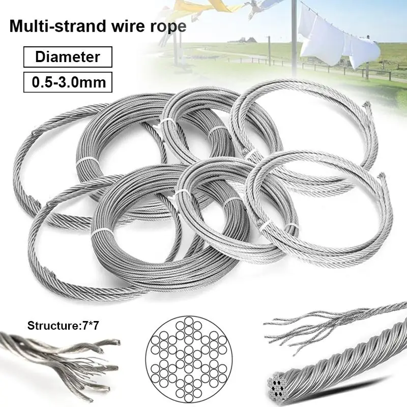부드러운 낚시 케이블 리프팅 로프 당김 건조 랙 와이어 로프, 스테인레스 철사 로프, 직경 0.5-3mm, 5 m, 10m, 7*7 구조 
