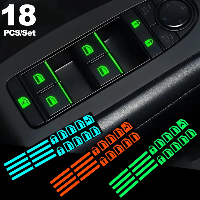 18Pcs/set Luminous Car Window Button Sticker Car Door Window Lift Button Stickers Night Fluorescent Decals Car Interior Sticker