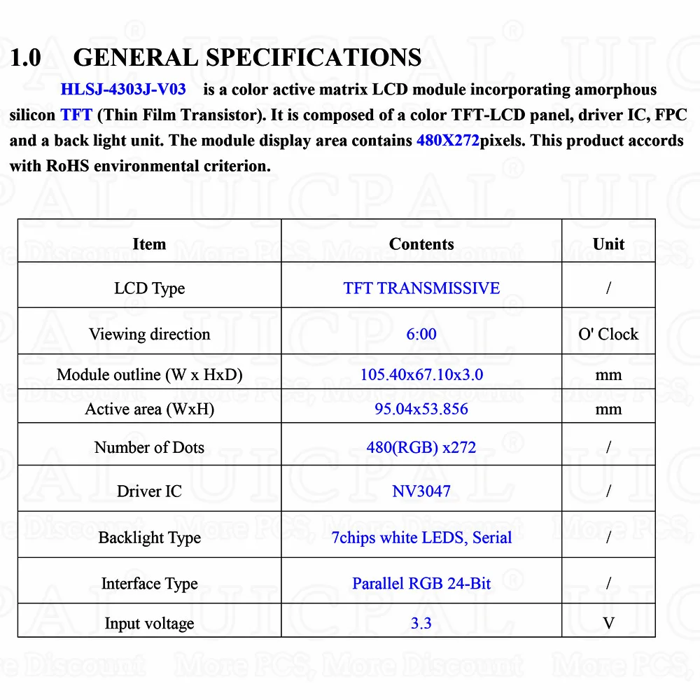 Módulo de tela LCD TFT de 4,3 polegadas IPS TN NV3047 Plug-in 40PIN Interface RGB de 24 bits 3.3V 500 1000 Luminância 480*272 HD
