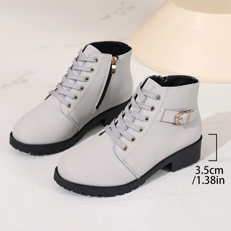 Damen-Stiefeletten mit runder Spitze, Schnürung, D-Metallschnalle, seitlichem Reißverschluss, niedrigem Blockabsatz, für den Alltag, Streetwear und Outdoor – Detail 6