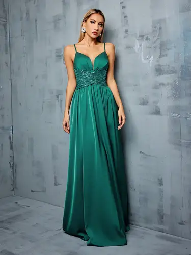 Mgiacy correas finas escote en V profundo pliegues de busto lentejuelas cruzadas ajuste de cintura patchwork tinte hendidura una falda completa vestido de noche vestido de graduación