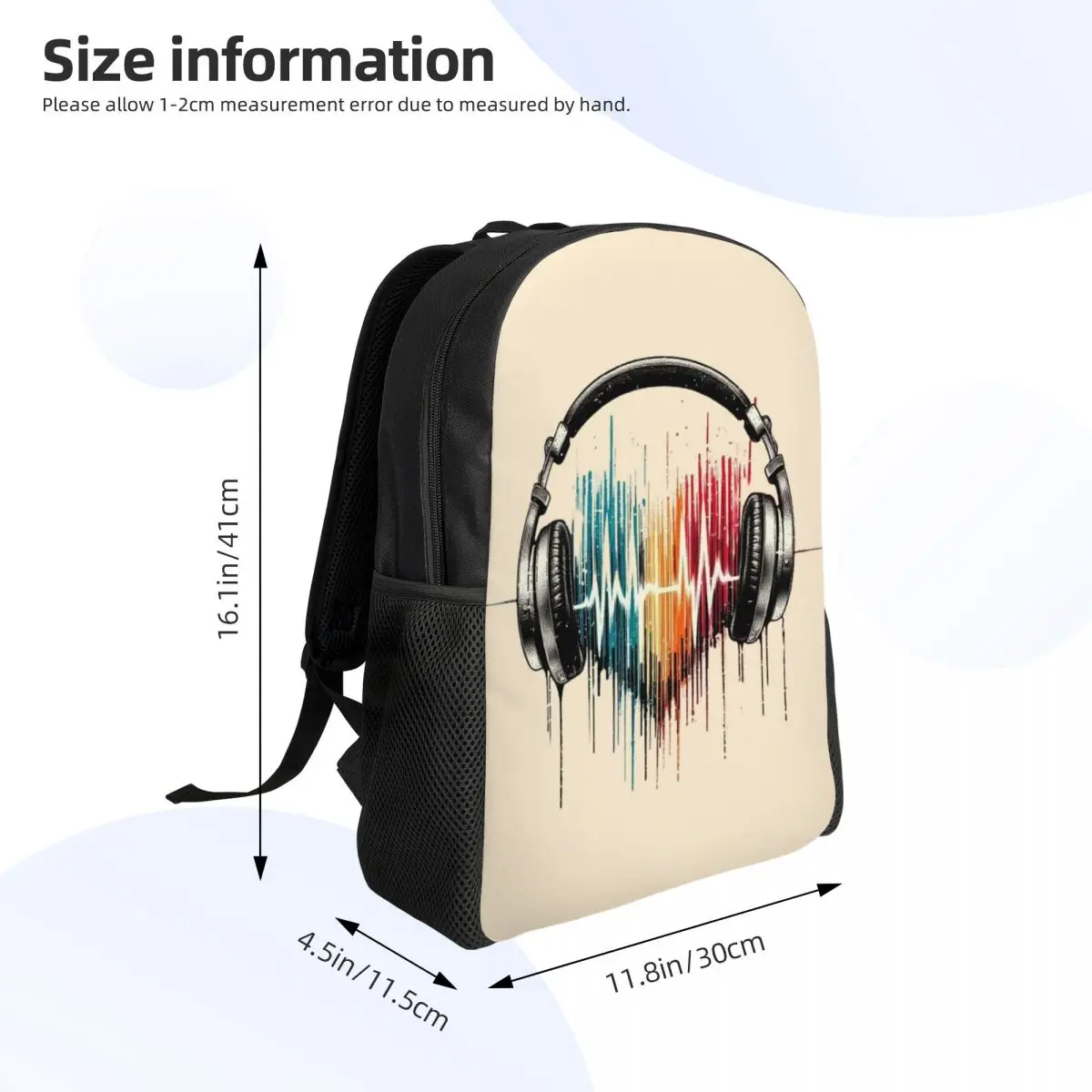 Heart Shaped Music Note With Headphones Student Backpack School Bag Hiking Travel Daypack for Boys Girls Bookbag Shoulder Bags