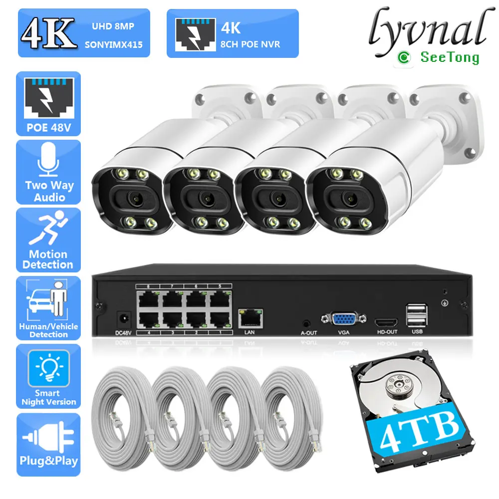 8CH POE Video NVR Set Surveillance Kit 4K 8MP Sony415 Security Vedio PoE System HD 5MP Bullet Two Way Audio Color Night Vision