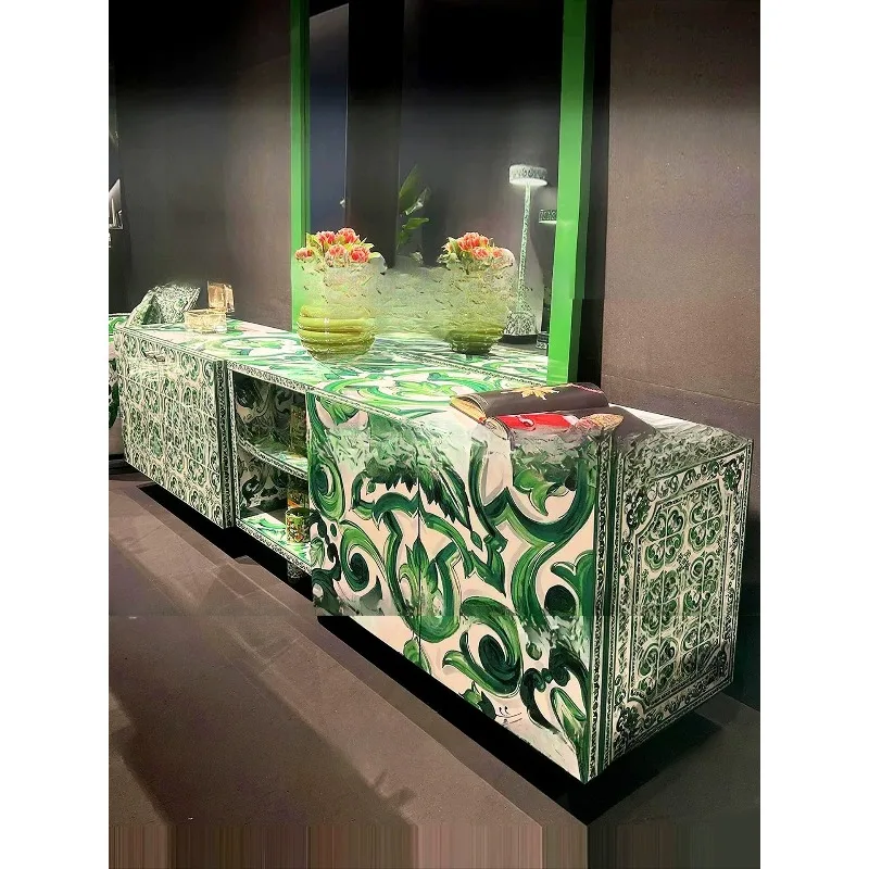dining side cabinet, retro green flower hand-painted art decoration cabinet, multi-functional storage TV cabinet
