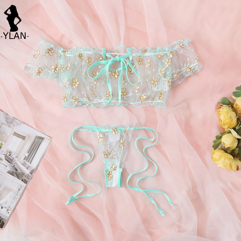 Sexy Underwear Set Women Bralette Underpants Off Shoulder Transparent Lingerie Floral Print Mesh Underwear Ruffles Lingerie Set