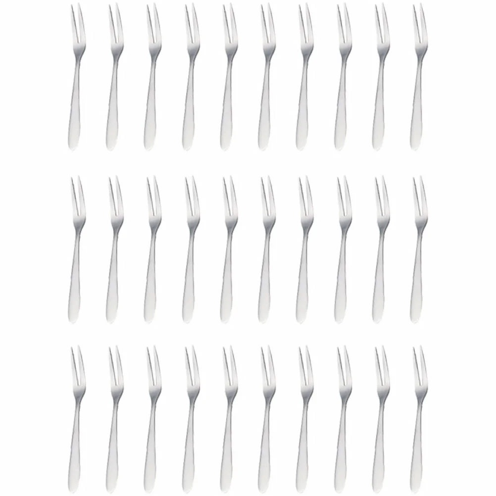 30 Pcs Fruit Fork Kitchen Gadget Cake Forks Stainless Steel Two Teeth Snacks Prong Toothpicks