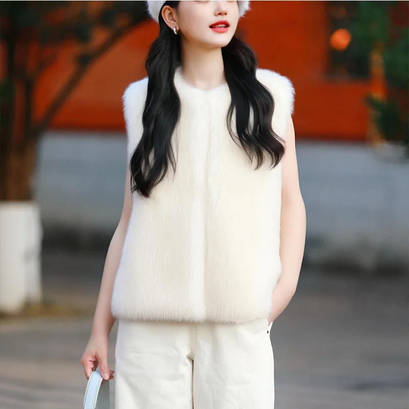 

2025 новый зимний женский модный однотонный теплый жилет из искусственного меха в европейском и американском стиле