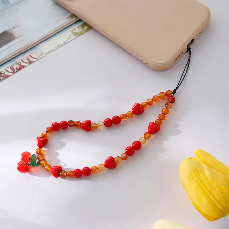 Agate Red Heart Beaded Phone Chain Cherry Mobile Phone Lanyard Wrist Strap Keychain Anti-Lost Camera Pendant Cellphone Straps