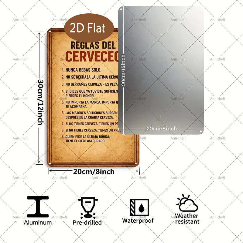 2D Flat, 2D Flat, 2D Flat 1pc Spanish Slogan Retro Painting 7.87X11.81inch | Metal Decorative Painting, Printed with Fun Beer Ru