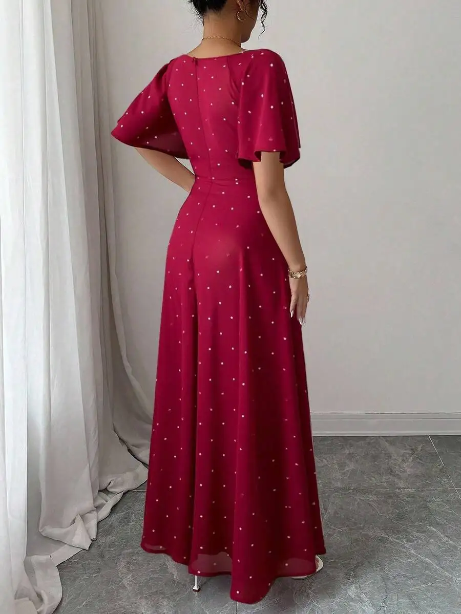 Abito lungo rosso stile francese dolce da donna con stampa a pois, maniche a pipistrello e cerniera posteriore