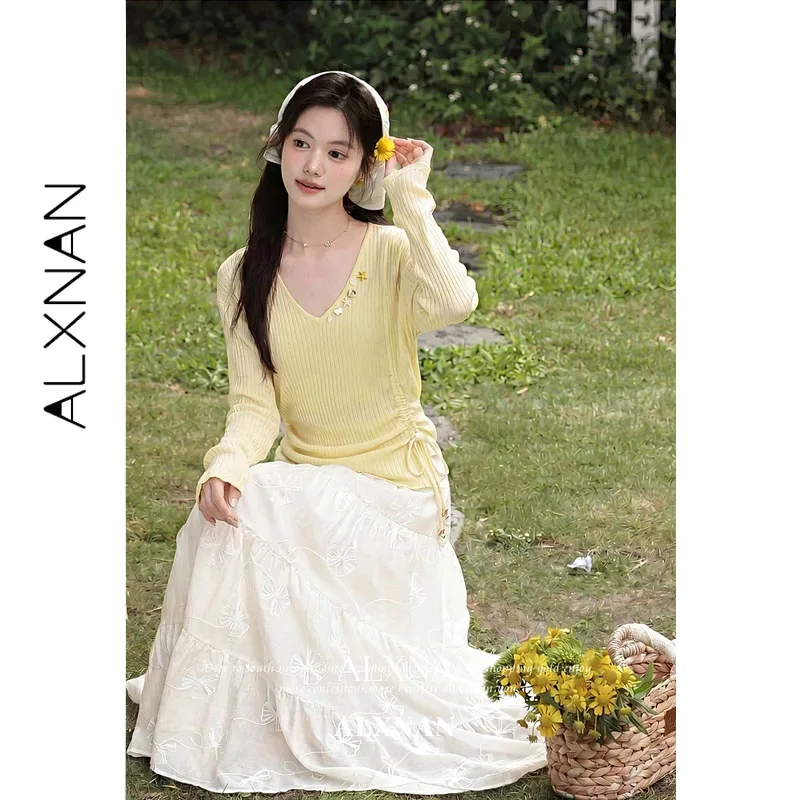 ALXNAN Yellow Sun Protection Knit Pullover V-neck Women Summer Loose-fit Thin Drawstring Waist Cover Up Long Sleeve Tops L66958A