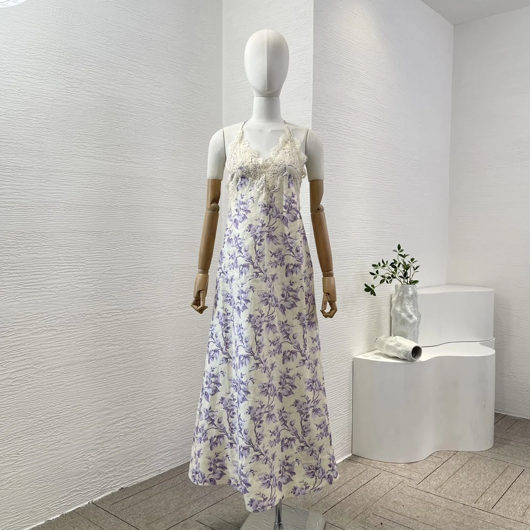 

Deep V Neck Maxi Dress Linen Silk 2025 High Quality Blue Coconut Trees on The Beach Print Sleeveless Beading