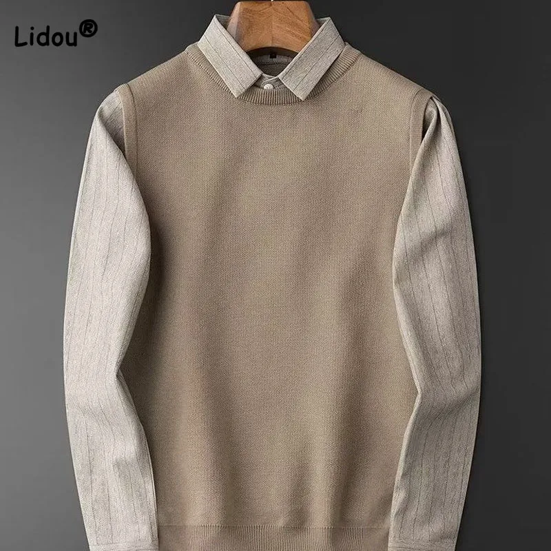 

Business Office Fashion Solid Color Sweaters Fake Two Pieces New Comfortable Slim Polo-Neck Shirt Autumn Winter Male Clothes