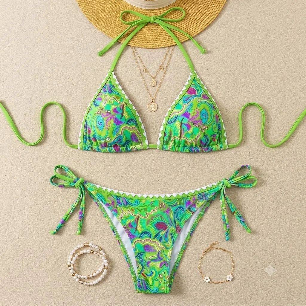 JEWELRY SEN Ladies Bohemian Vibrant Printed Triangle Bikini 2‑Piece Side‑Tie Swimwear Beach Vacation Swimsuit