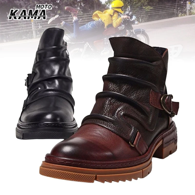 

2025 Retro Men's Motorcycle Leather Boots British Style Round Head High Top Cowhide Shoes Wear Resistant Botas De Motociclista