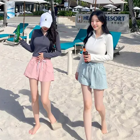 Korean Style Teen Three Piece Split Bikini Long Sleeve Cover Up Shorts Women Swimsuit Beach Vacation Conservative Bathing Suit