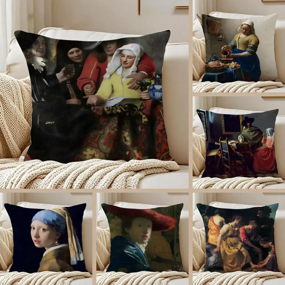 Classical Painter J-Johannes Vermeer Cushion Cover Pillowcase Anti-dustmite Invisible Zipper Short Plush Sofa Cushion
