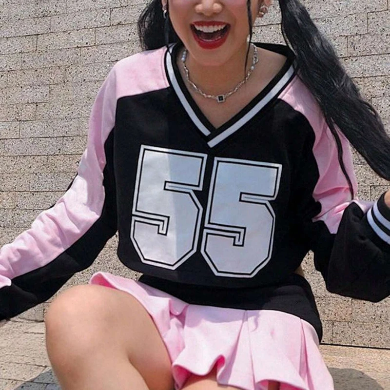 Spring 2026 Y2K Spicy Girl Street Style Long Sleeved V-Neck Clown Print Short Shirt Loose Fit American Sports Digital Ball Top