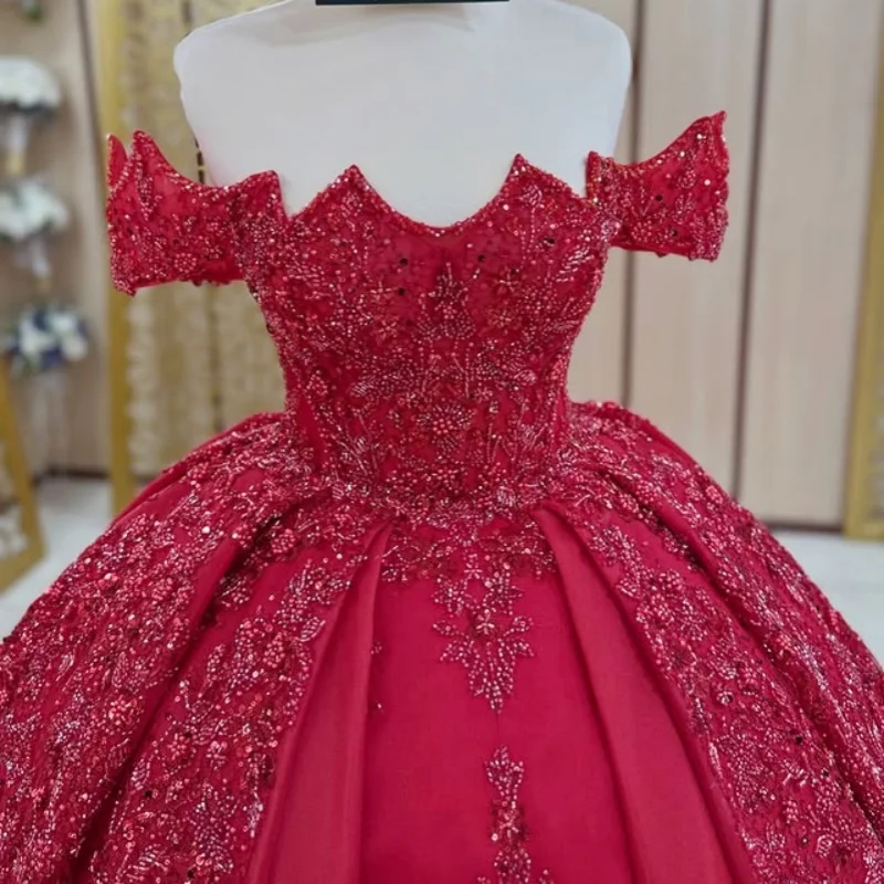 

Shiny Red Quinceanera Dress Crystal Glitter Decal Lace layering off-shoulder Long tail Vestidos De 15 Quinceanera ﻿Customize
