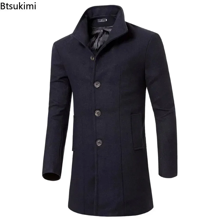 New Men's Warm Woolen Trench Jacket Solid Slim Woollen Jacket Coats Male Fashion Windproof Stand Collar Long Outwear for Men