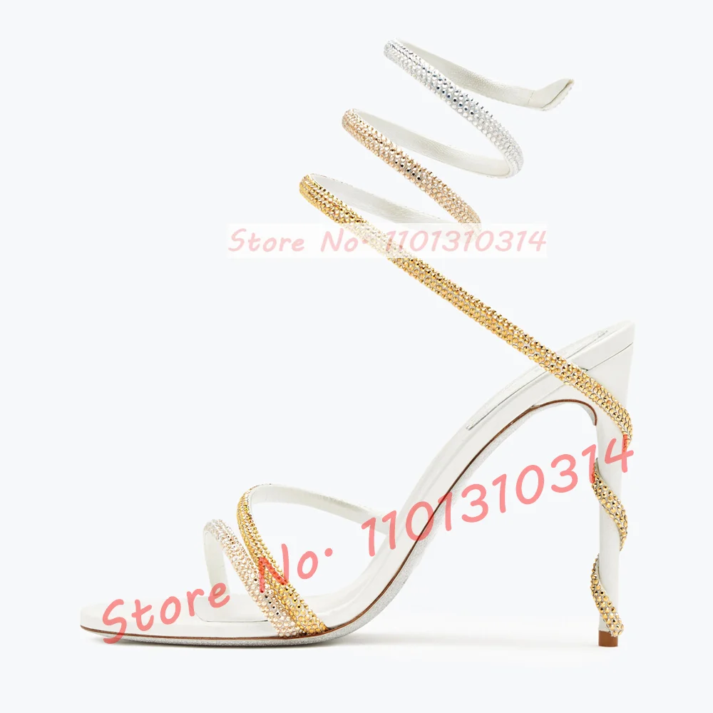 Gradient Crystal Ankle Wrap Sandals Women Luxury Sparkly Snake Strap 2024 Summer Colorful High Heels Shoes Party Evening Sandals