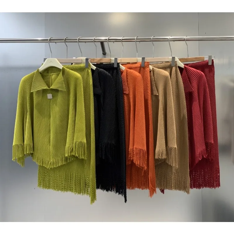 

2025 Fall New Miyake Pleated Women's Tops Set Simple Casual Long Sleeve Top Stretchy Half Skirt 2 Piece Set Commuter Wear TX95