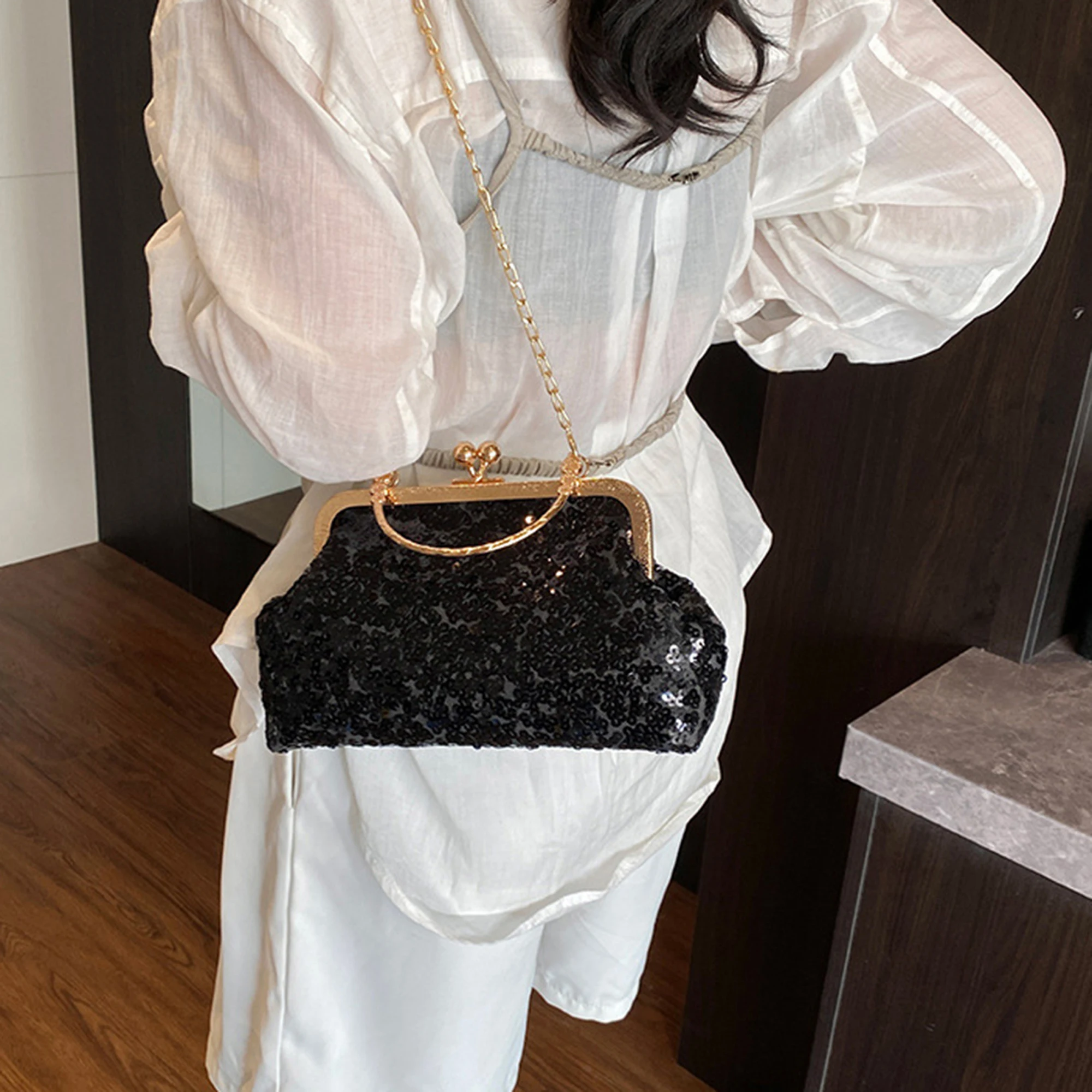 محفظة كلاتش أنيقة مزخرفة بأحجار الراين مع حزام سلسلة قابل للفصل للحفلات المسائية والمناسبات الخاصة #2