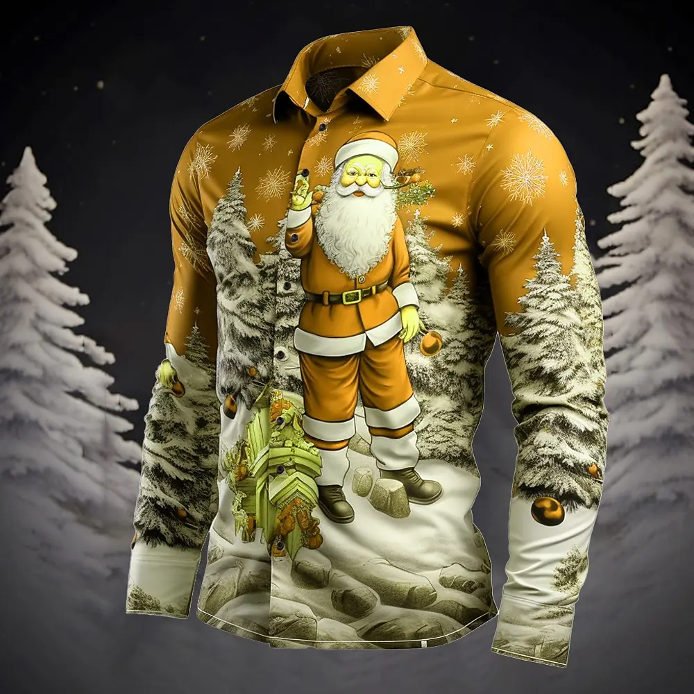 2024 Christmas New Santa Claus Pattern Casual Men\'s Lapel Shirt Outdoor Street Autumn and Winter Shirt Plus Size XS-6XL