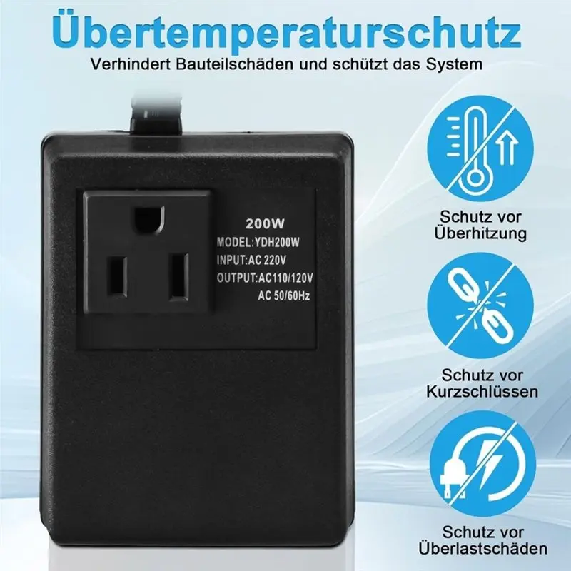 B08B-Voltage Converter Transformer, 200 W , 220 V/240 V To 110 V/120 V Power Adapter, For Travel And Business Trip Eu Plug
