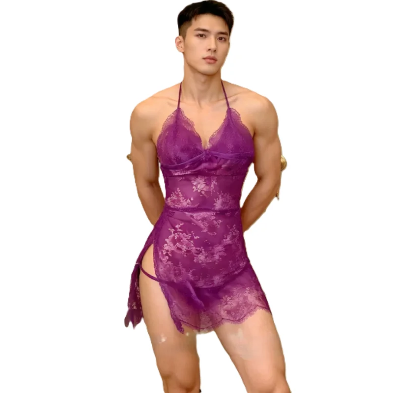 Men Plus Size Halter Lace Cheongsam Style Nightgown, Sheer Perspective Backless Lace Sissy Cross-dressing Sexy Lingerie Dress