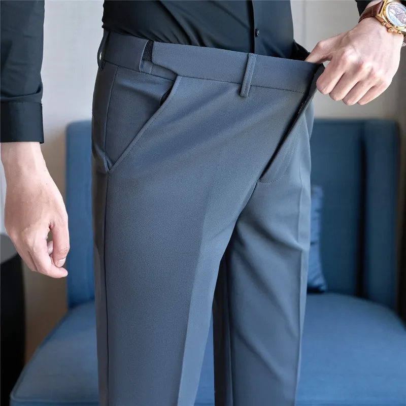 

Мужской костюм, брюки с эластичной резинкой на талии, однотонные облегающие классические брюки, деловые повседневные офисные прямые брюки, мужская одежда высокого качества