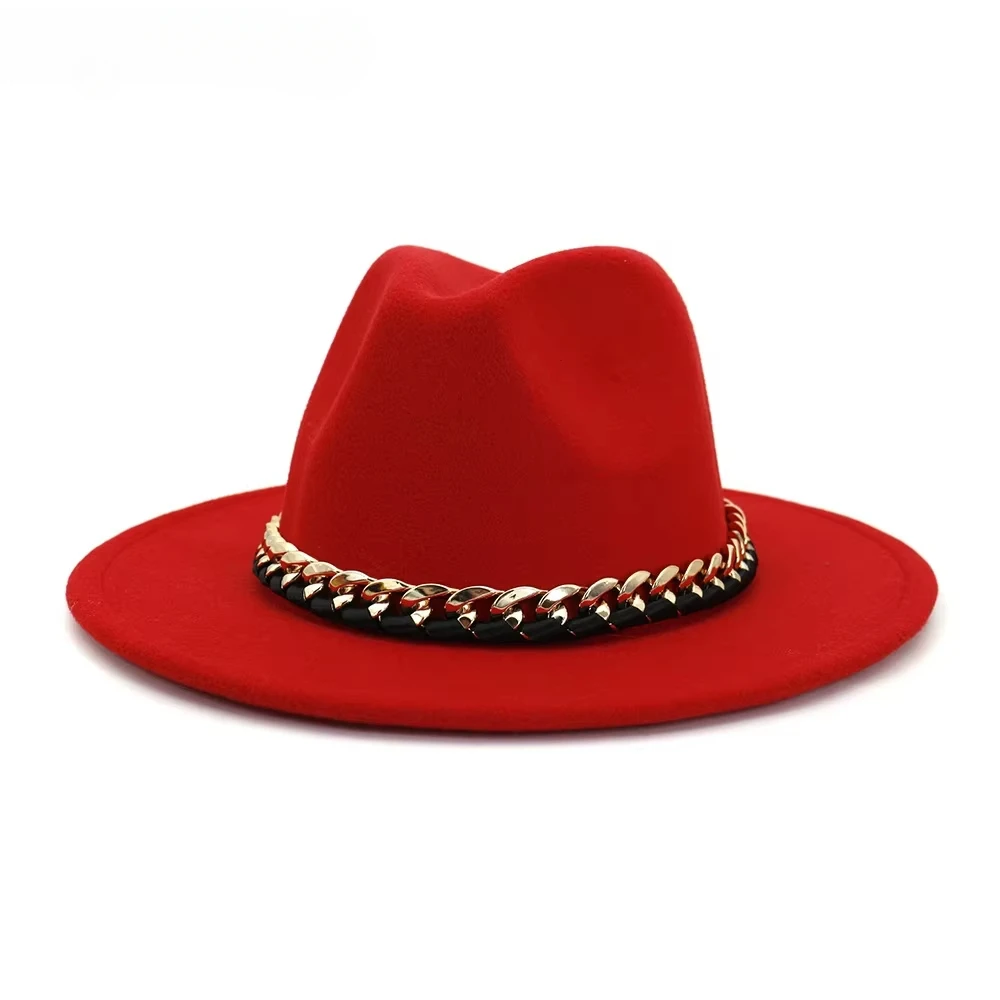 SHOWERSMILE Black Men Women Fedoras with Golden Chain Belt Men's Fashion Jazz Hat Autumn Winter Fashion Metal Chain Fedora Red