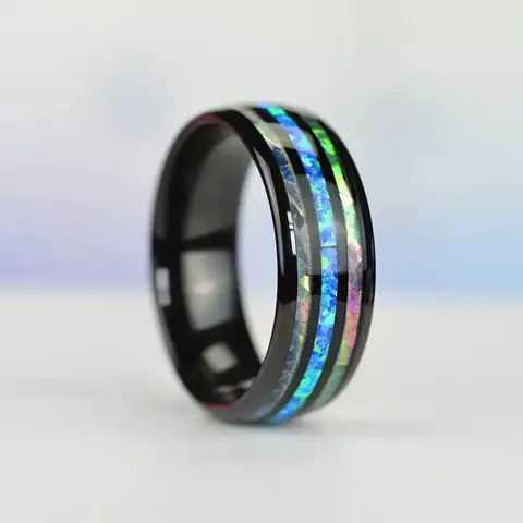 패션 8mm 남자 스테인레스 스틸 반지 모조 블루 오팔과 전복 쉘 반지 남성 여성 웨딩 쥬얼리 생일 선물