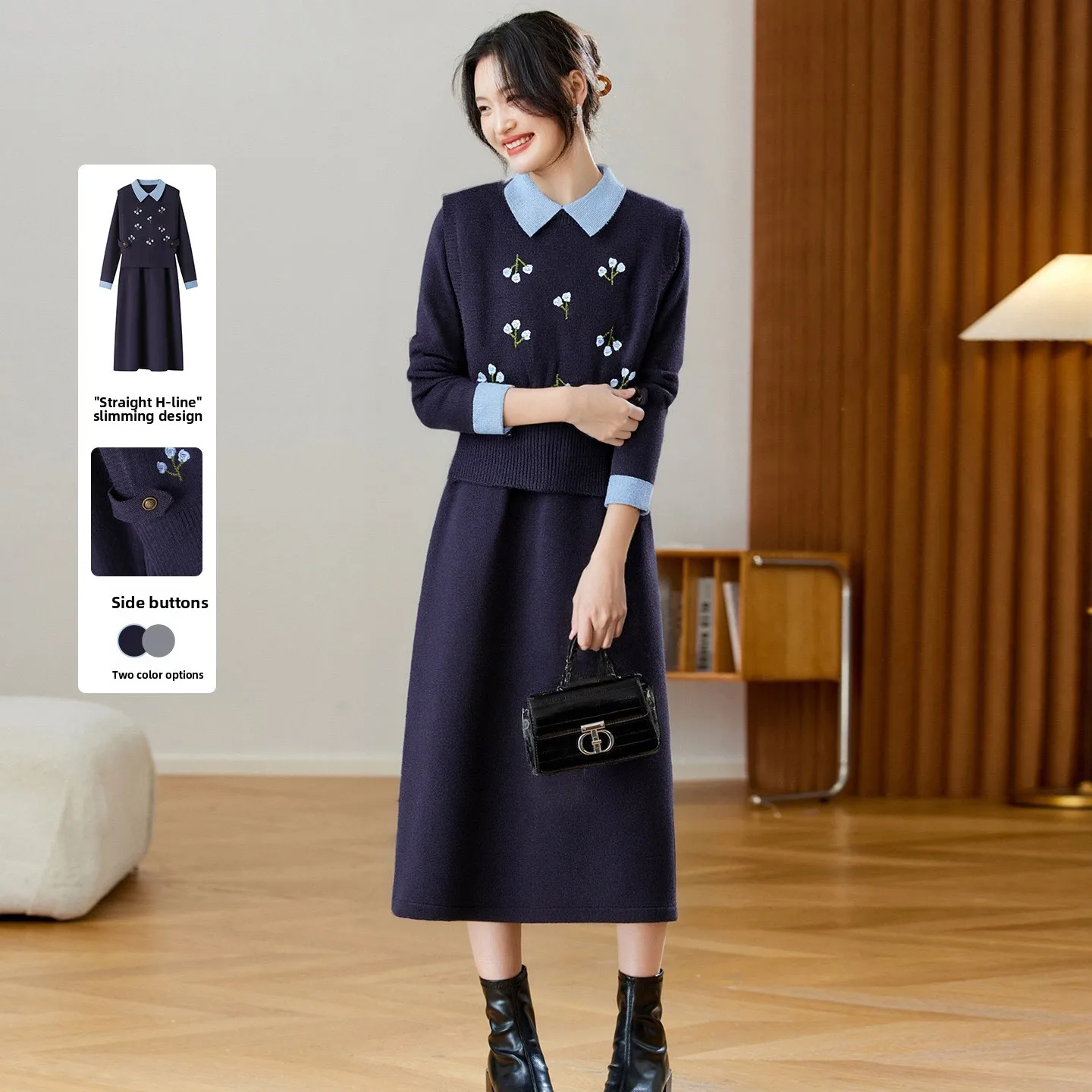 

Faionable Two-Piece Set with Knitted Sweater And Tweed Skirt Collared Design Autumn Winter Collection Cotton on