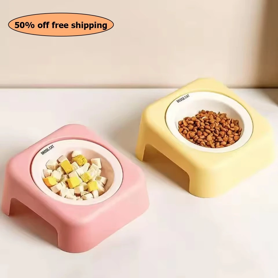 

1pc Cat Bowl Ceramic Food Plastic Holder Neck Protection Dog Food Bowl Anti Tilt Pet Feeding Bowl Free shipping