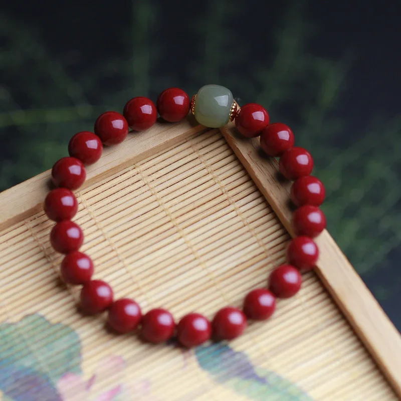 Natural Zijin Cinnabar Round Bear Bracelet with Qingshui Old Beads Simple Men's and Women's Bracelet Jewelry