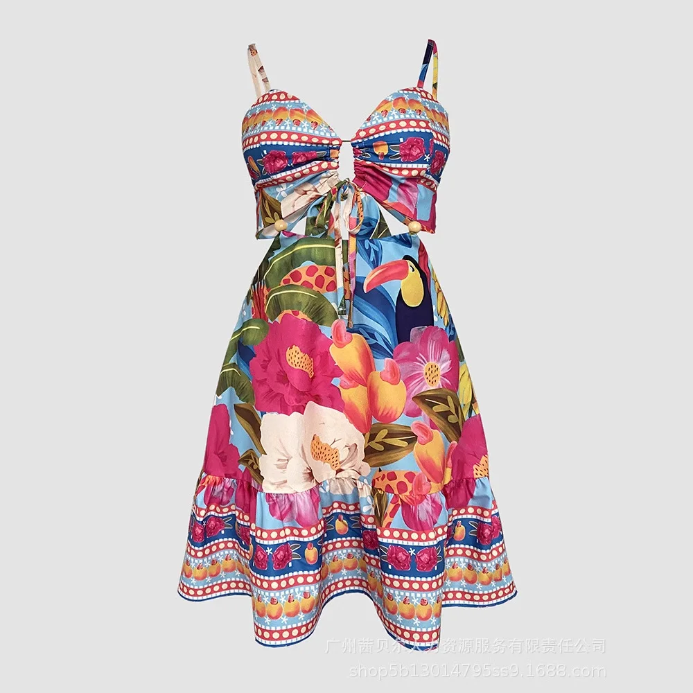 여성 섹시 바디콘 패션 스파게티 스트랩 타이 백 홀터넥 허리 트로피컬 프린트 드레스 휴가 드레스