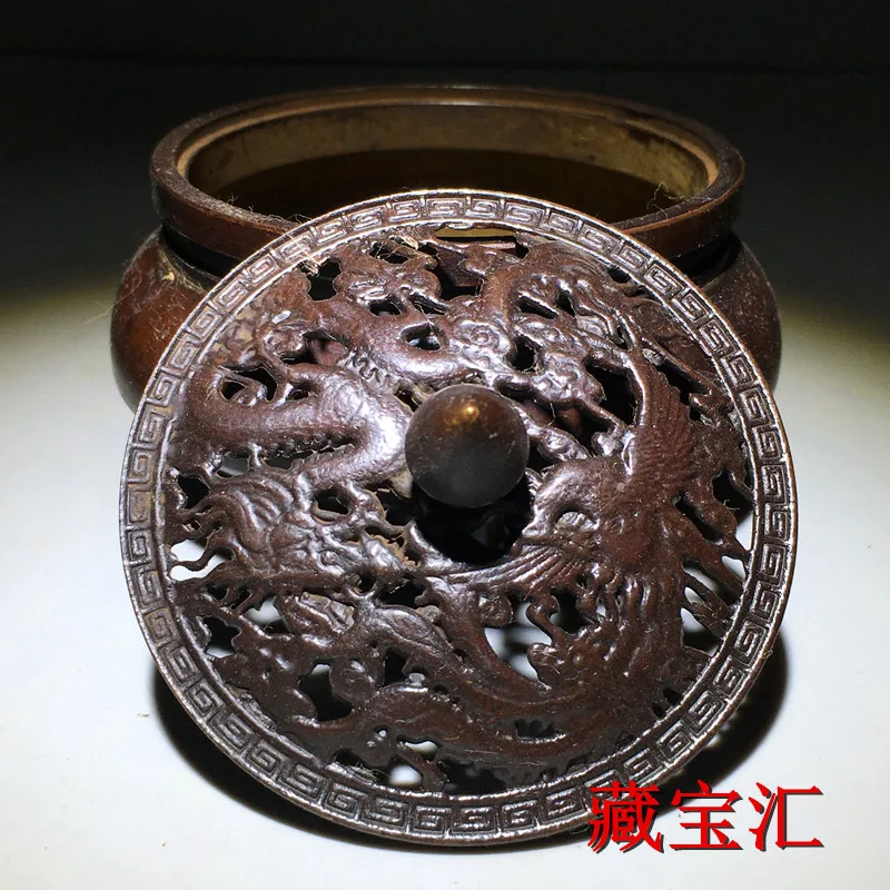 Vintage Bronze Tripod Incense Burner Xuande Mark Double Dragon Relief Openwork Lid Decoration