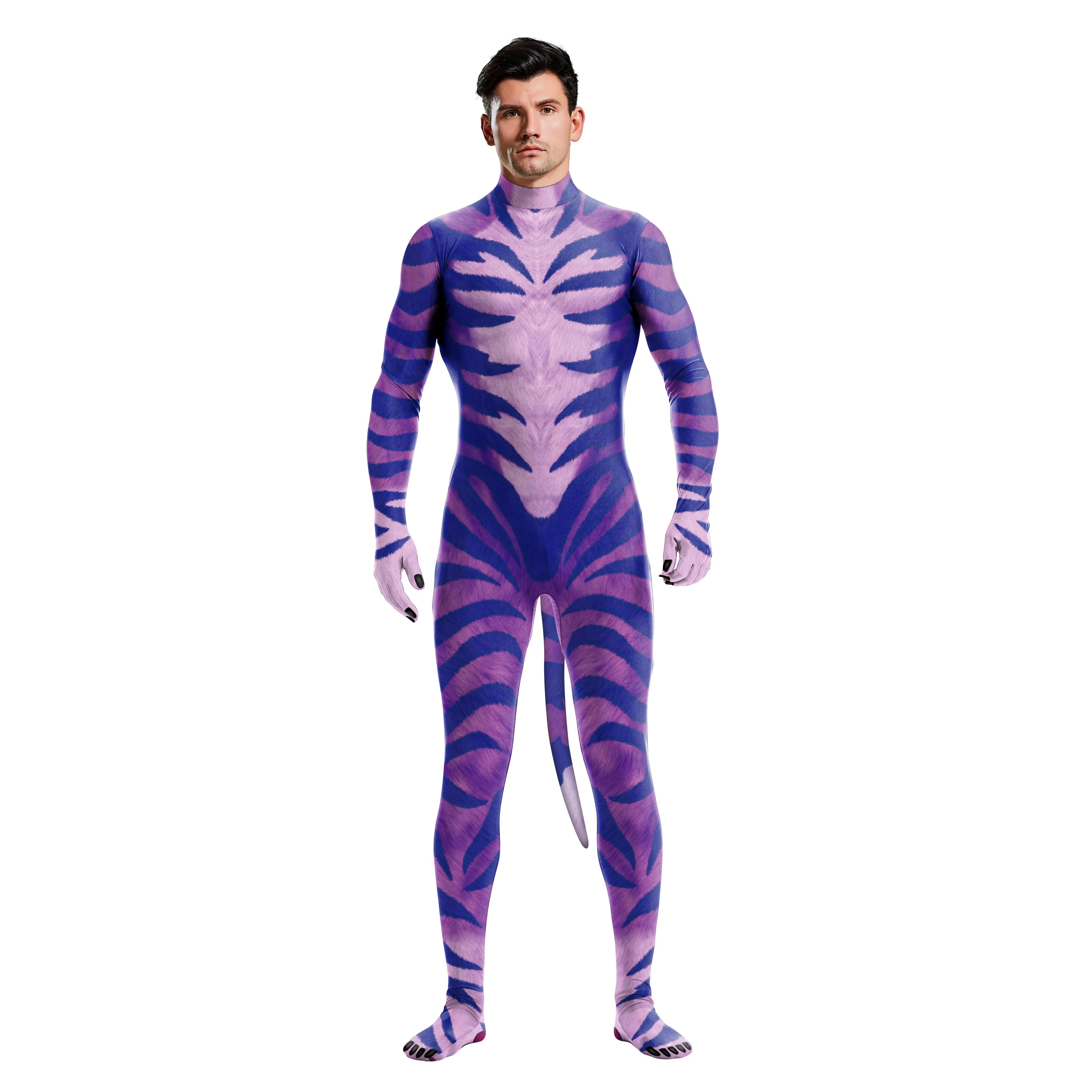 ชุดบอดี้สูทลายเสือดาวสีม่วงสำหรับผู้ใหญ่ ชุดแฟนซีฮาโลวีน ชุดจั๊มสูทแบบ unisex พร้อมหางด้านหลังและซิป ชุดคอสเพลย์