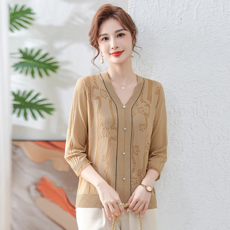 

Faionable Knitted Long Sve Base Layer Sweater for Middle-Aged Women Autumn Wear New 2024 Sli V-Ne Loose Fit Polyes...