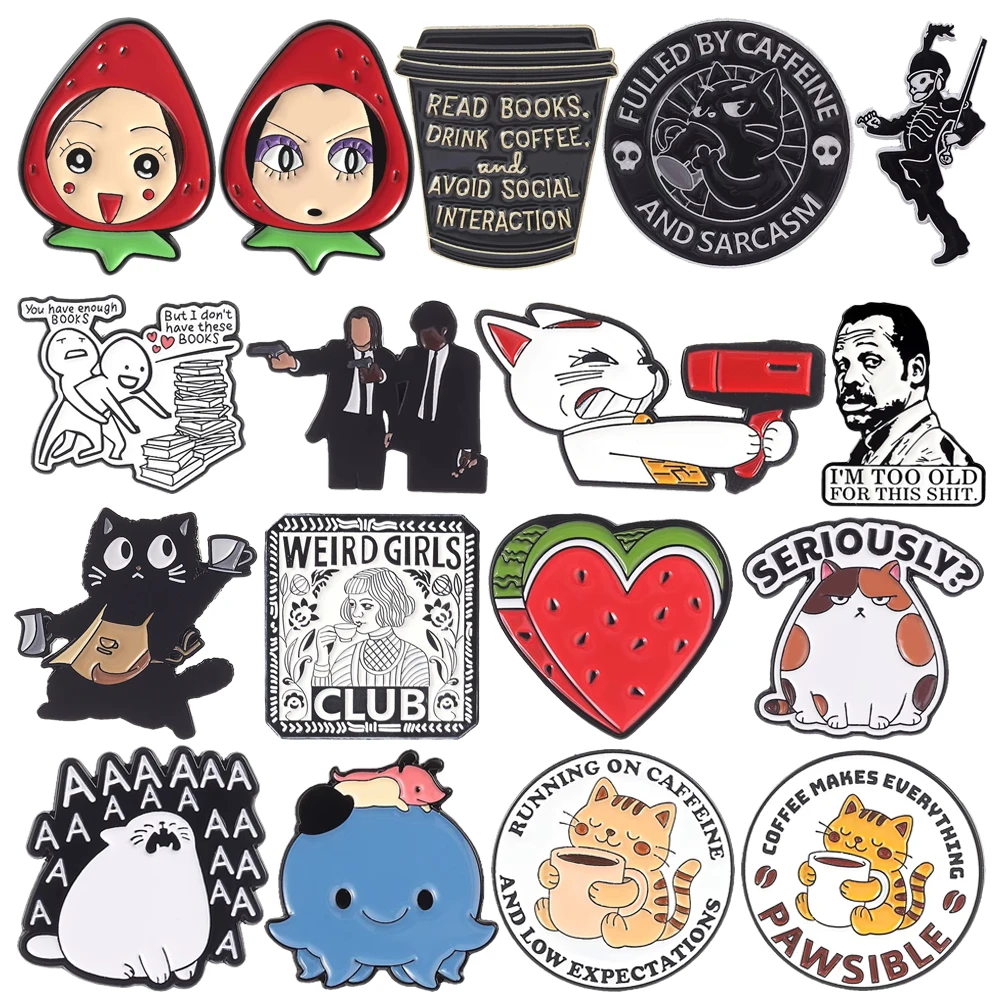 Cartoon Strawberry Girl Enamel Brooch Lapel Pin Dryer Coffee Cat Watermelon Octopus Book Battery Metal Badge Punk Jewelry Gift