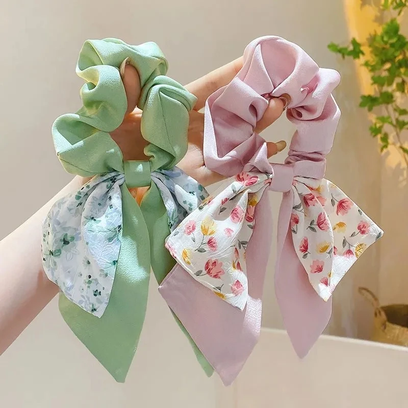 New Floral Print Satin Bow Hair tie Scrunchies Long Ribbon Ponytail Scarf women Girls Elastic hair Bands Hair accessories