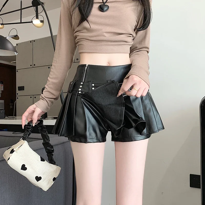 2024 Autumn/Winter Black Half length Skirt Pants Anti glare High waisted A-line Skirt pleated Skirt Short Skirt Shorts