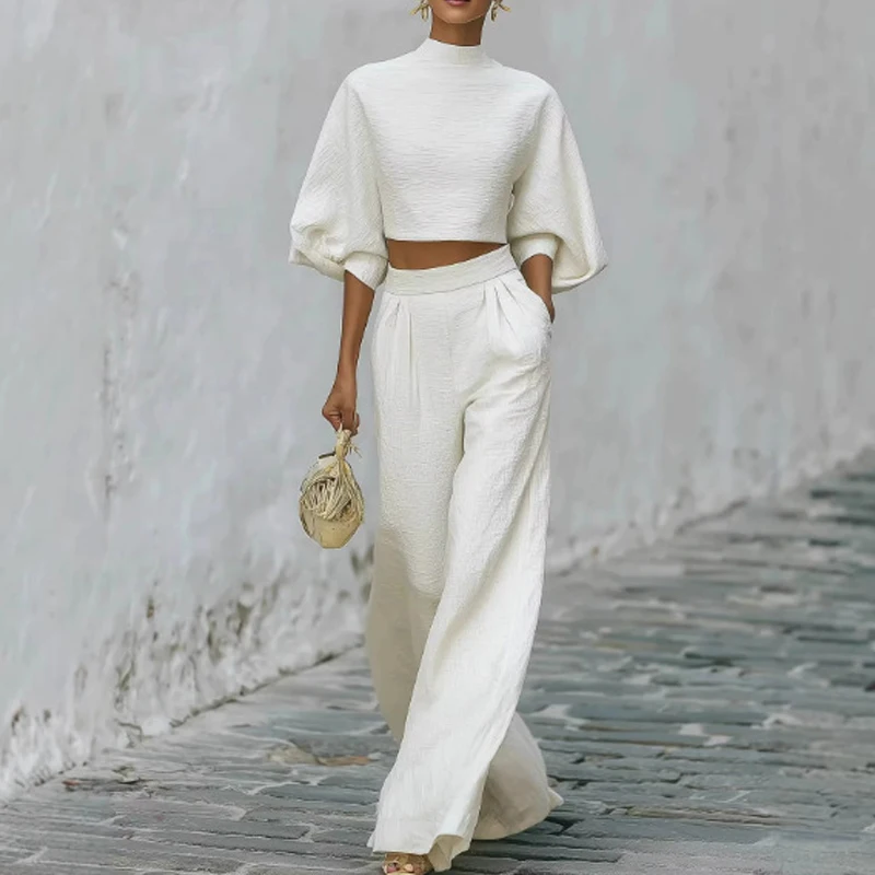 

Formal Occasion Loose Outfit Casual O-neck Lantern Sleeve Top+Pants Women's Suit Summer Simple Solid Color Commuting 2 Piece Set