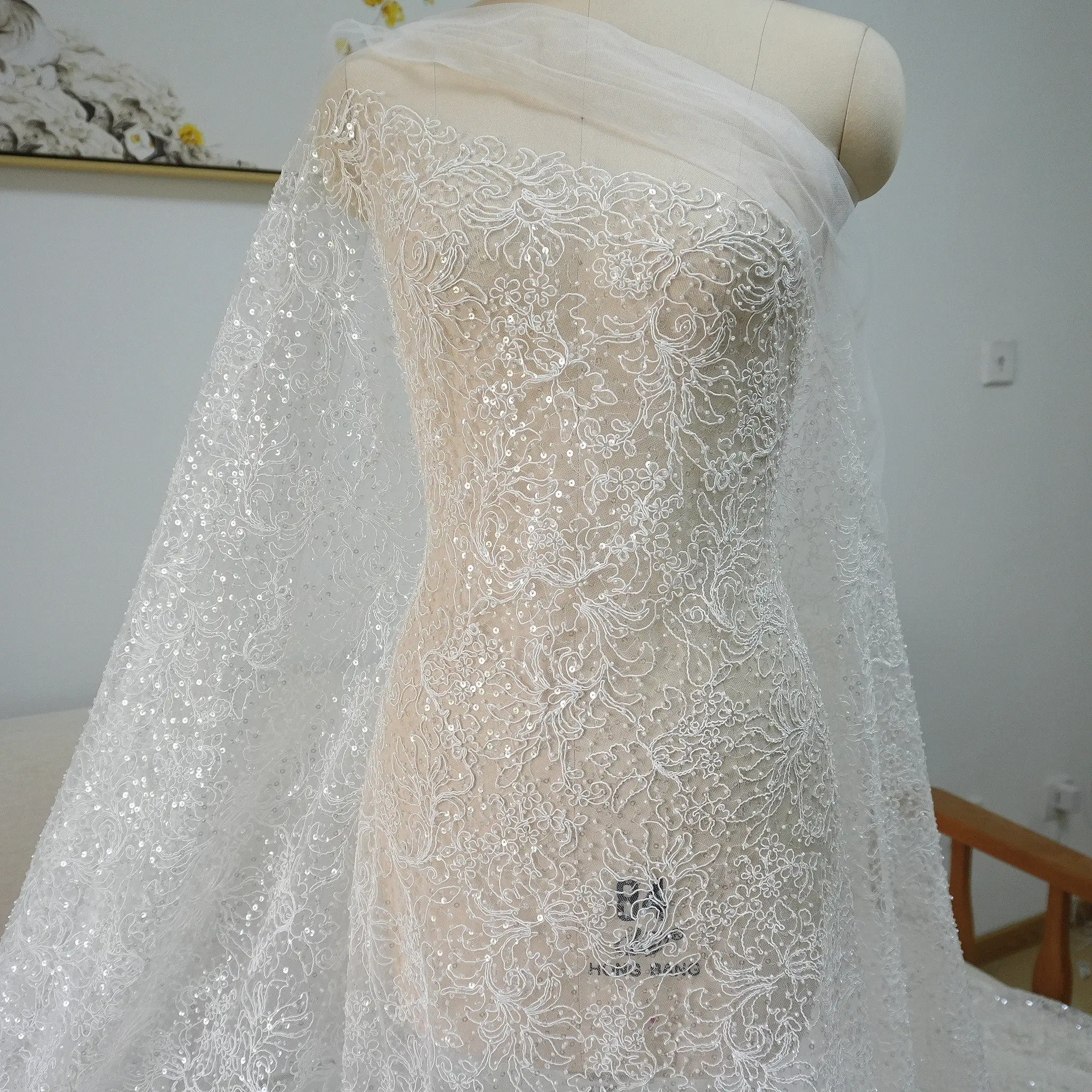 Full Boning Beaded Lace Fabric with Sequins Bridal Dress Material DIY Sewing Trims Apparel Accessories