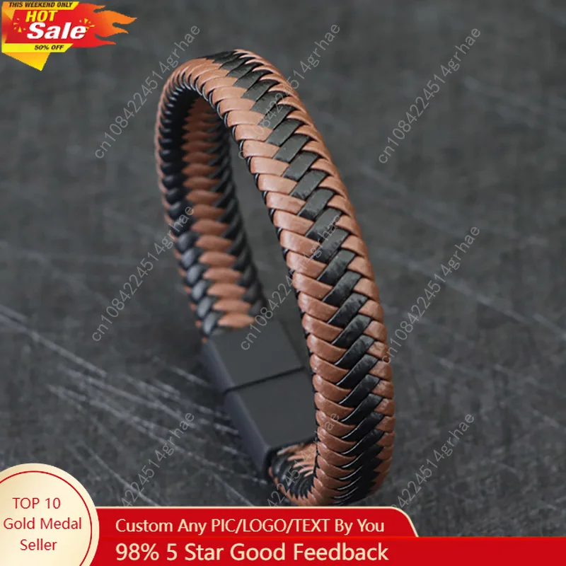 

Noter Men Leather Bracelet Bangle Black Braided Magnetic Clasp Punk Braclet Homme Hand Accessories Gift For Him Pulsera Hombre