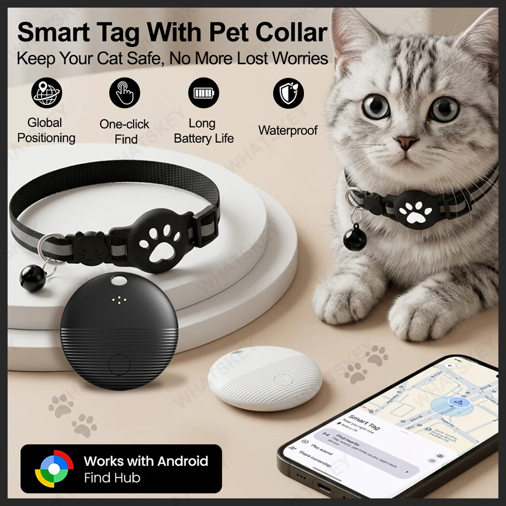 Android Airtag Cat Collar, Reflective Breakaway Safety Buckle with Bell, Adjustable Anti-Lost GPS Collar Holder for Kittens GPS
